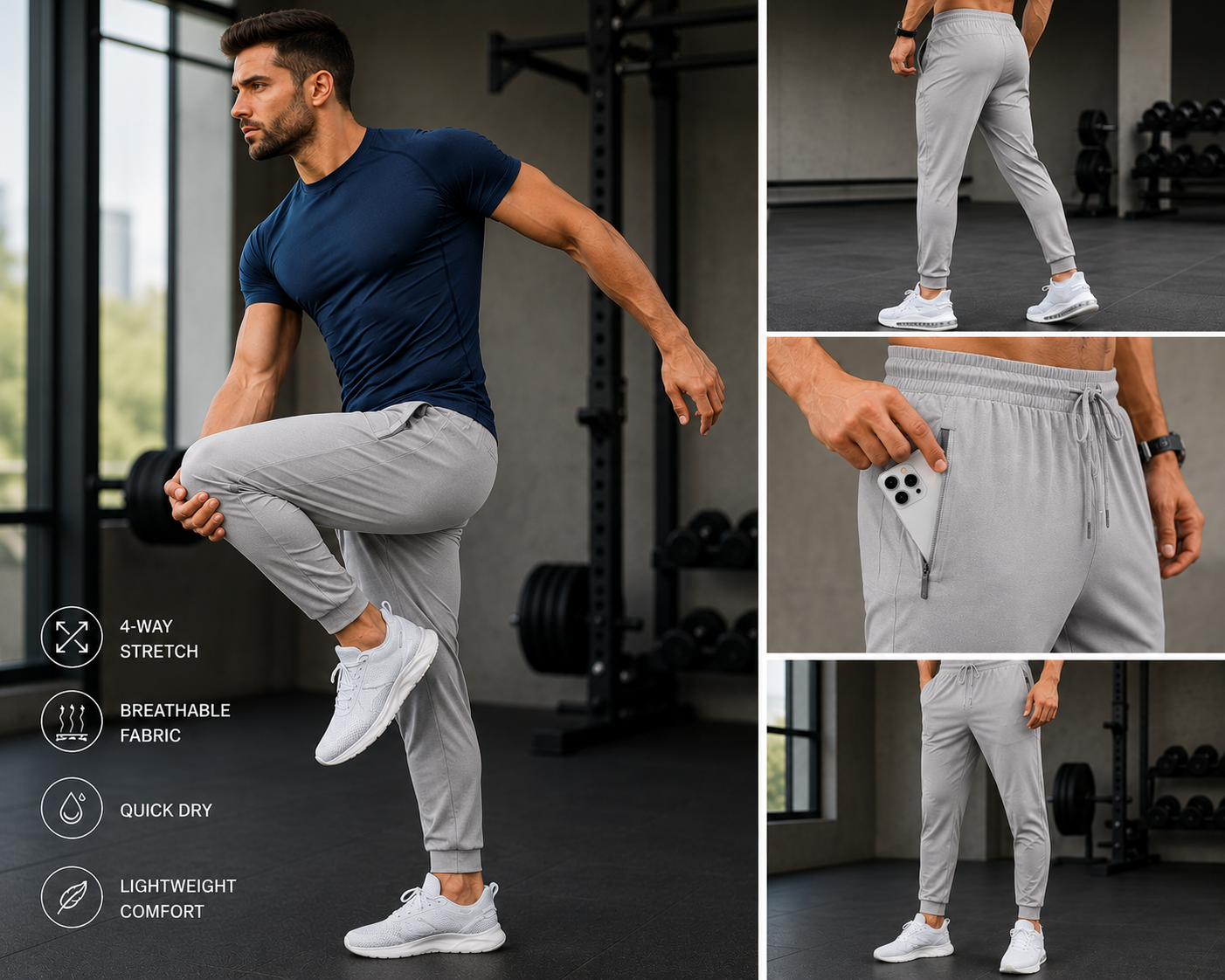 Mens sweatpants with zipper pockets lightweight athletic