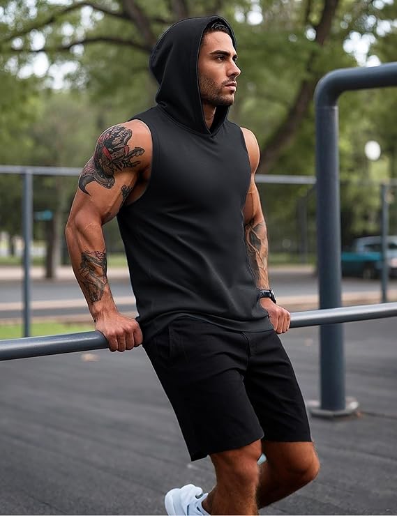 Mens Tank Top Sleeveless Hoodie Cotton T-Shirt