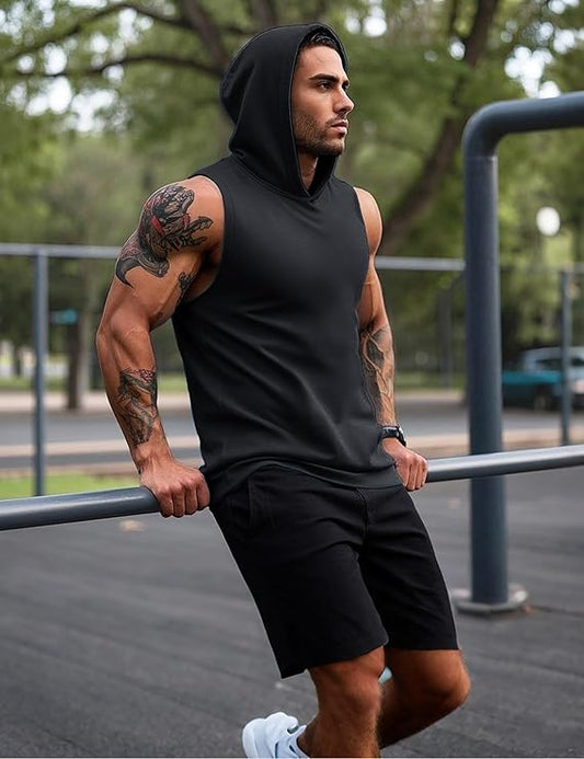 Mens Tank Top Sleeveless Hoodie Cotton T-Shirt